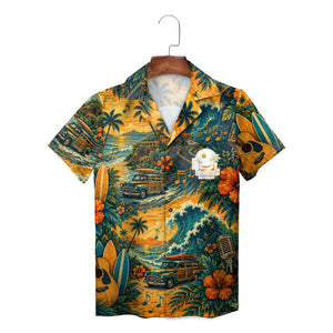 Aloha shirt showing woody wagons palms surfboards guitars