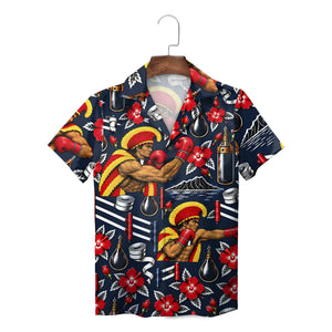 Boxing Warrior and Hibiscus Navy Blue Custom Hawaiian Shirt