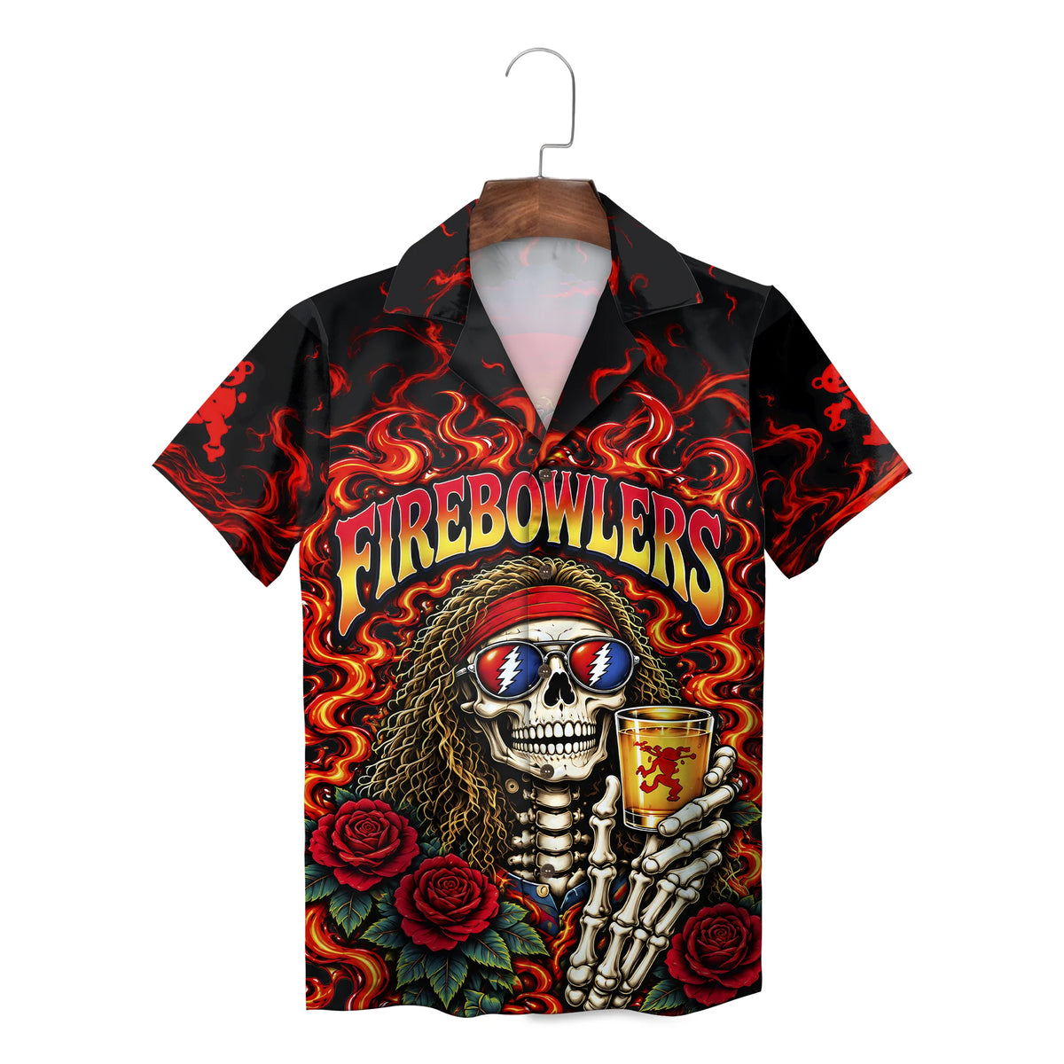 Flaming Skeleton and Red Rose Black Custom Hawaiian Shirt