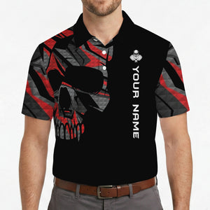 Black polo shirt with skull red gray geometric design custom name