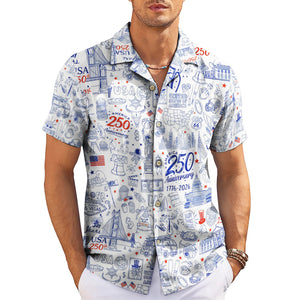 White Hawaiian shirt with blue American doodle illustrations variant 3