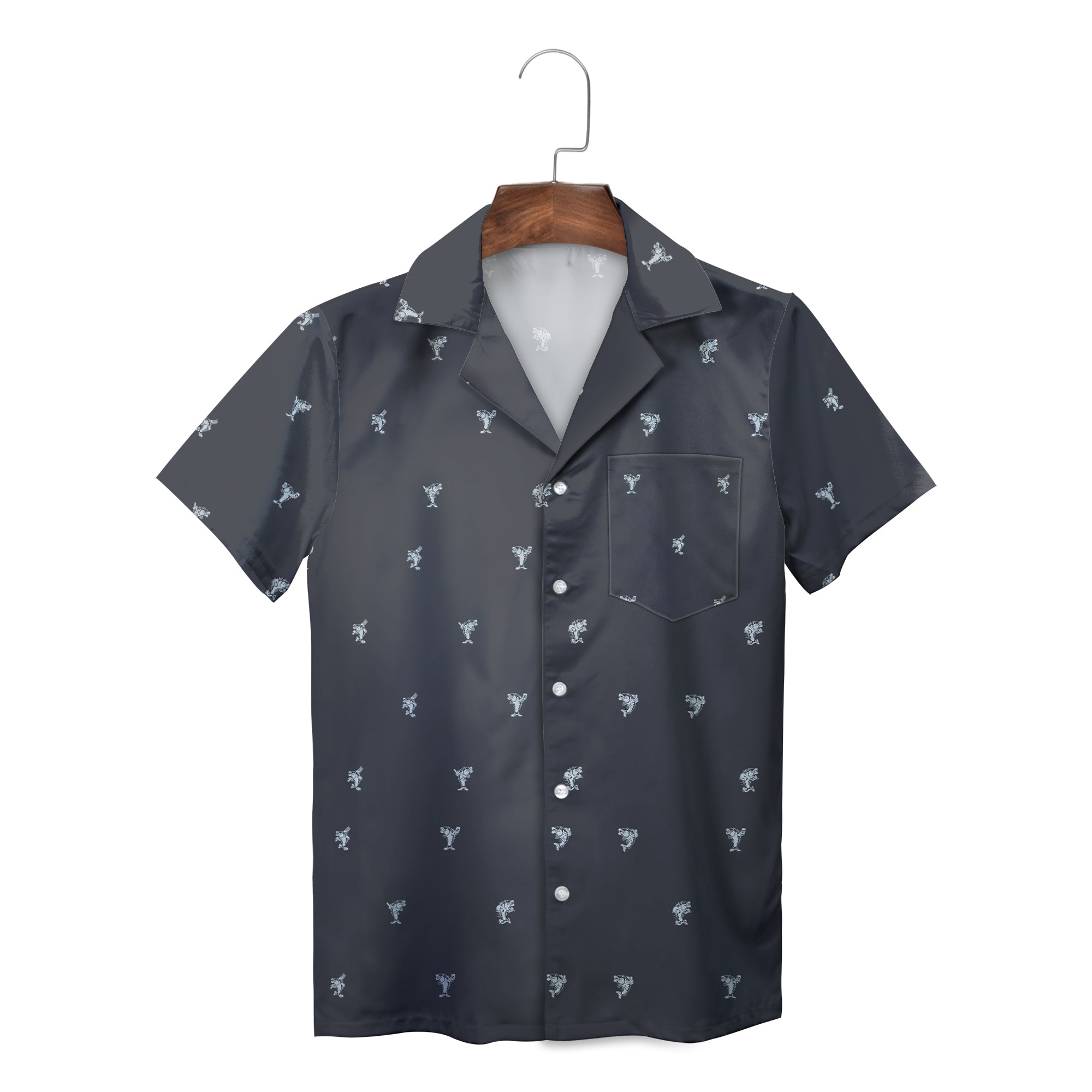 Dark gray Hawaiian shirt with small white astronaut pattern