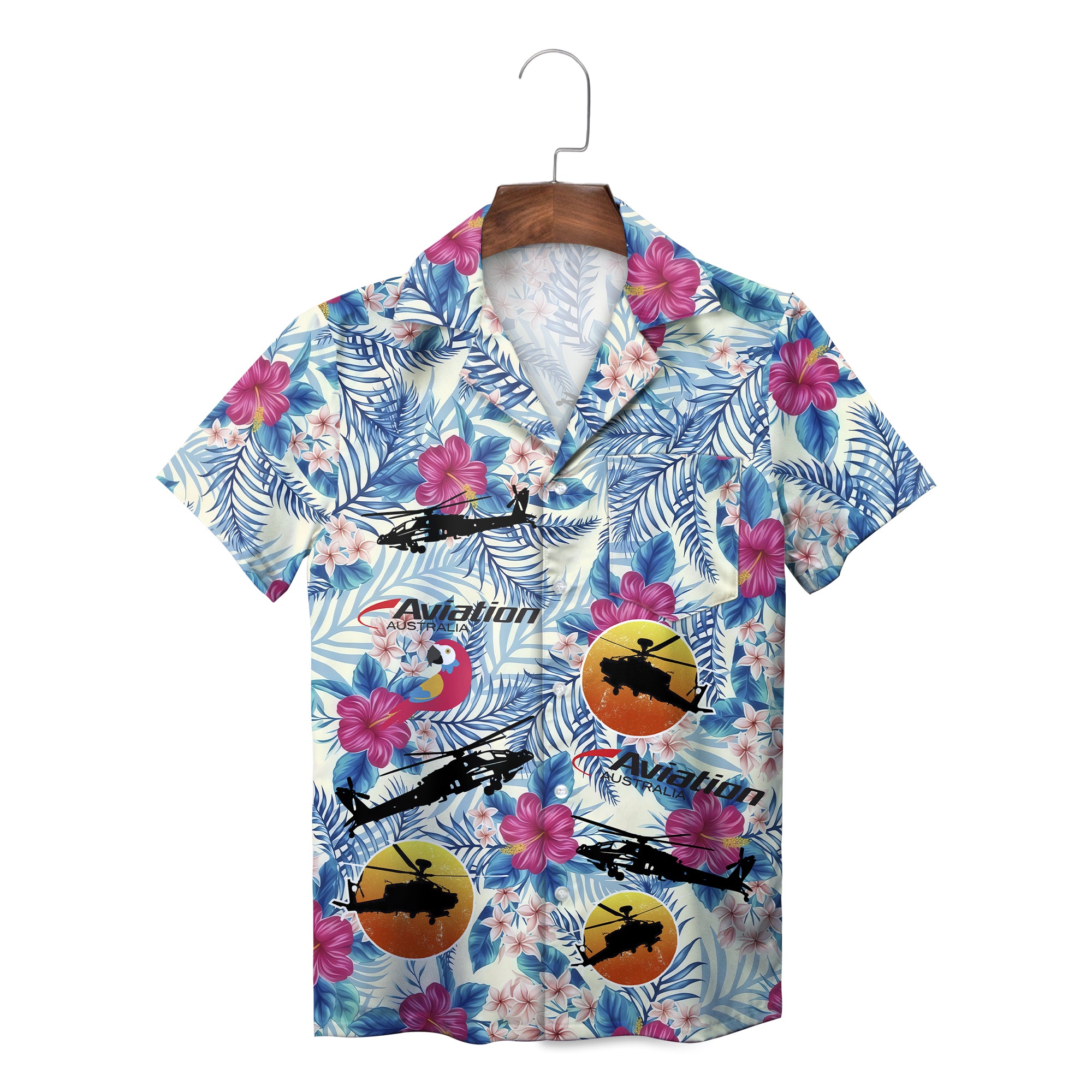 Blue palm leaf pink hibiscus helicopter sunset Hawaiian shirt