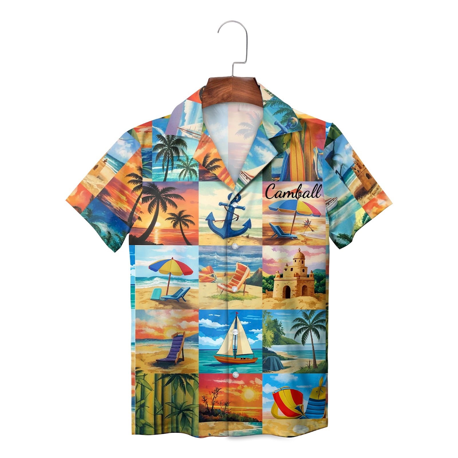 Colorful beach scene patchwork Hawaiian shirt on wooden hanger