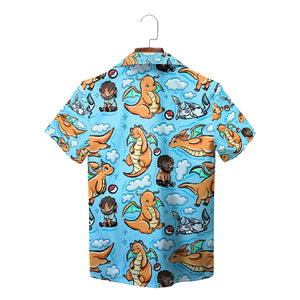Orange dragon characters on light blue cloud print shirt variant 2