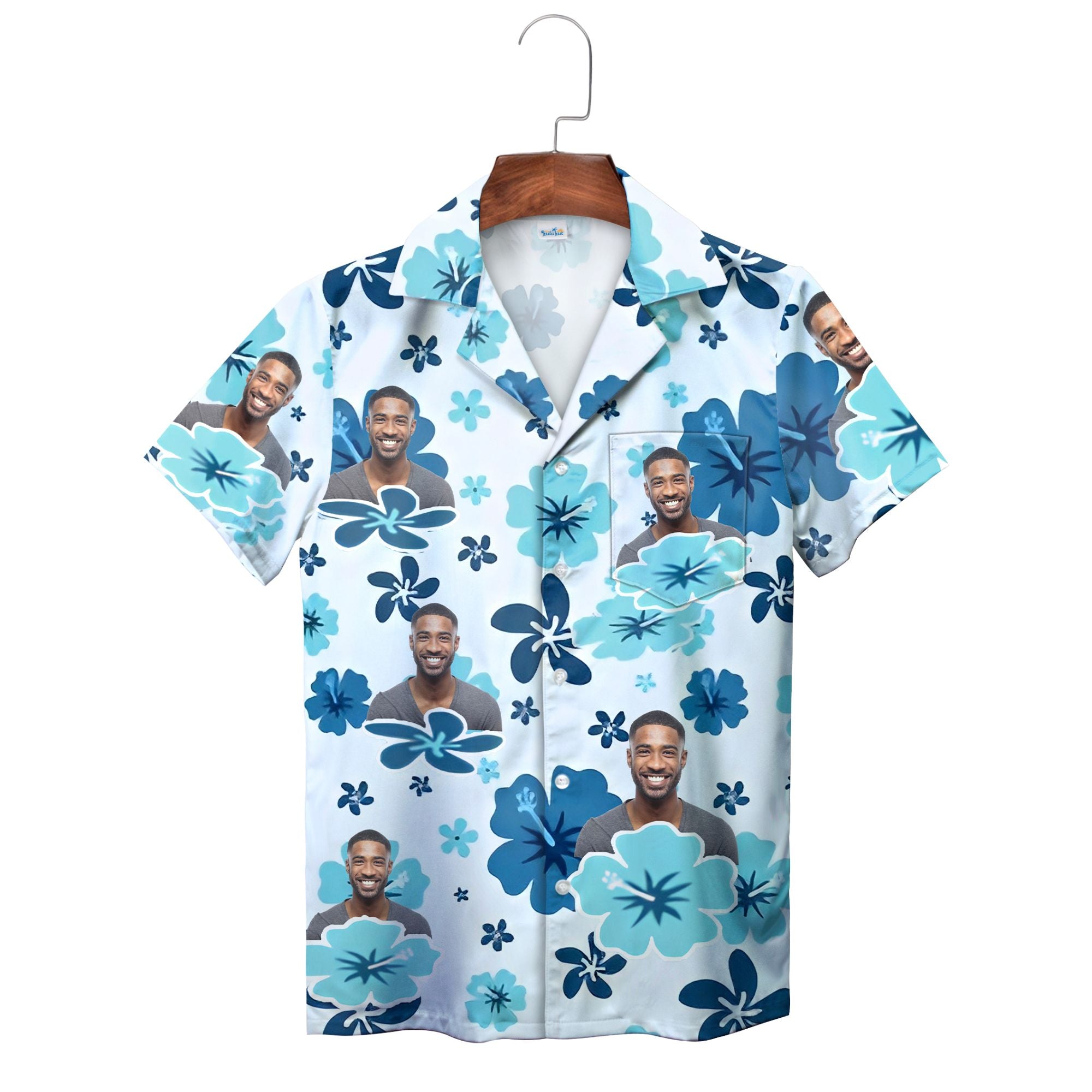 Blue Hibiscus on White and Aqua Personalized Hawaiian Shirt