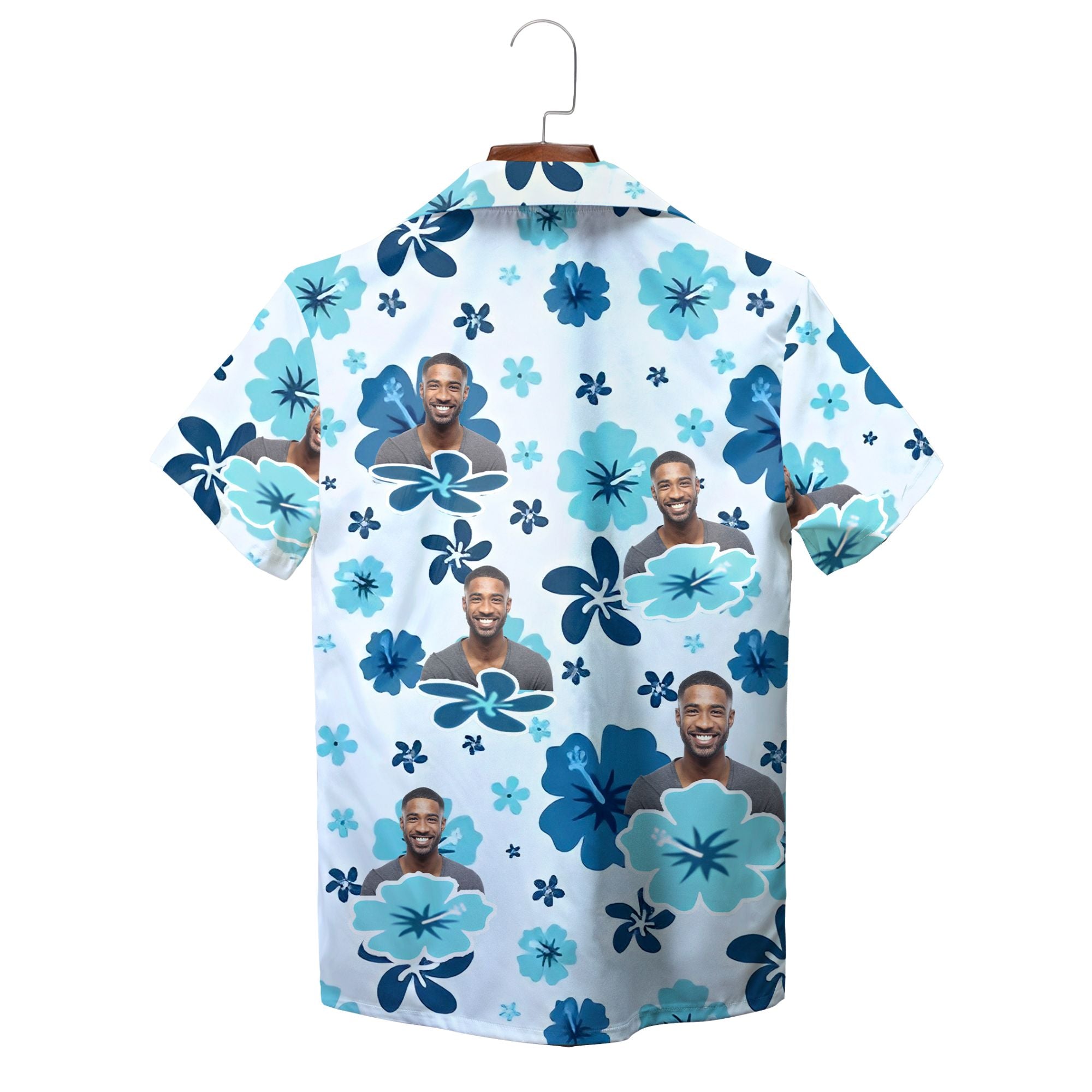 Blue Hibiscus on White and Aqua Personalized Hawaiian Shirt