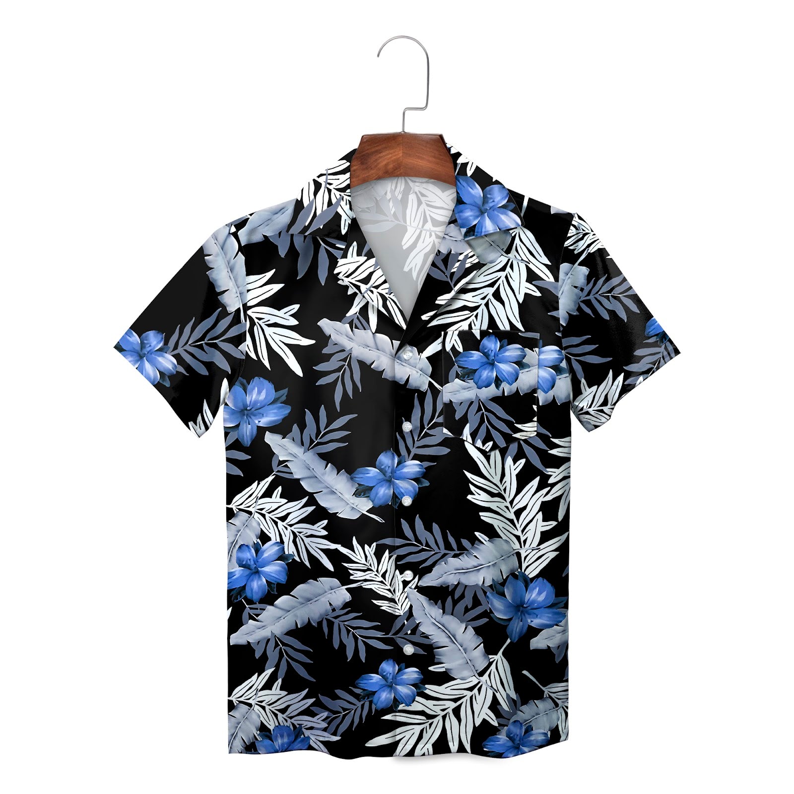 Black Hawaiian shirt blue plumeria gray palm leaf print