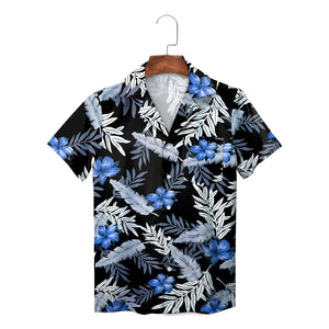 Black Hawaiian shirt blue plumeria gray palm leaf print
