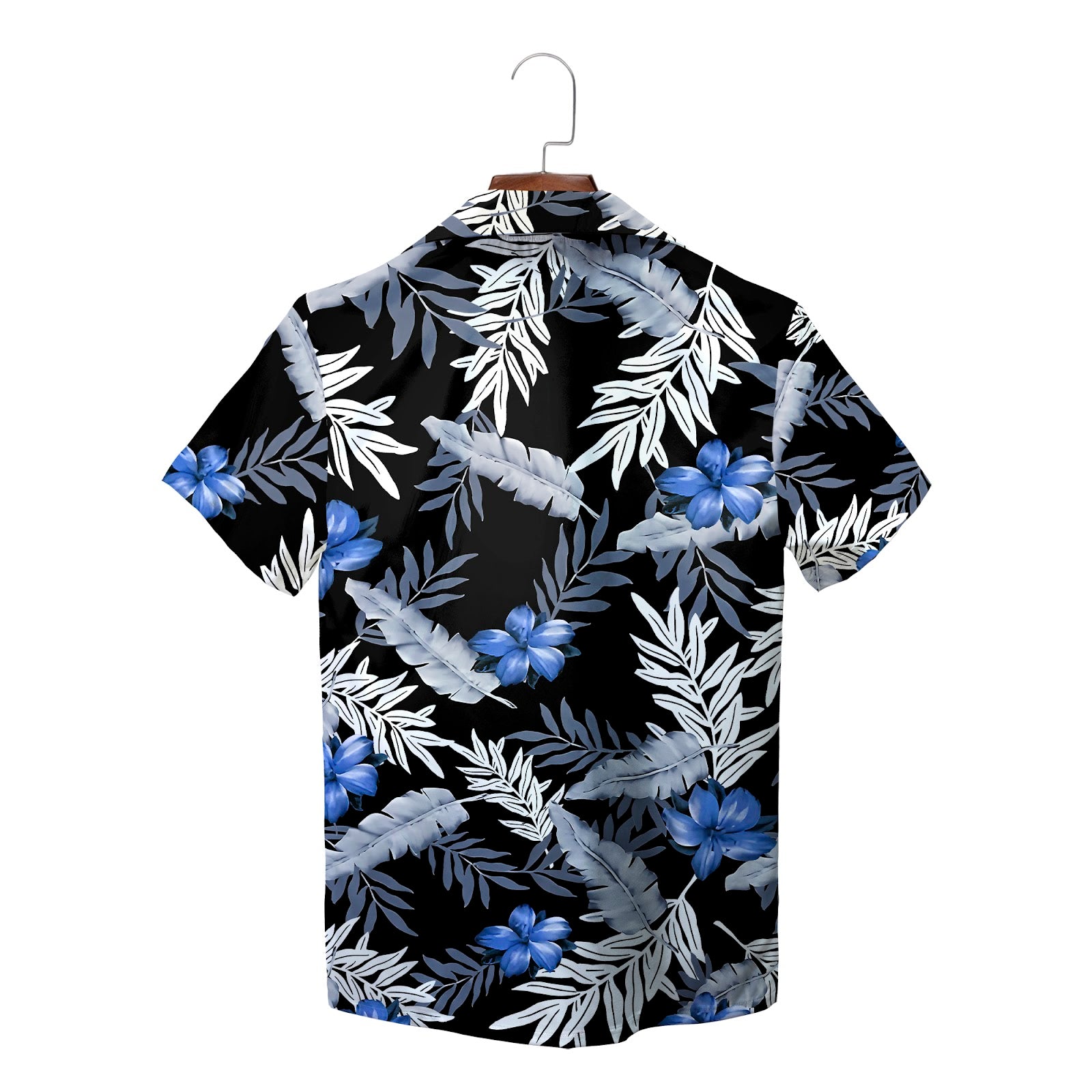 Black Hawaiian shirt blue plumeria gray palm leaf print variant 2