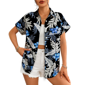 Black Hawaiian shirt blue plumeria gray palm leaf print variant 4