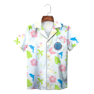 White Hawaiian shirt with dolphins hibiscus palms bulldog logo