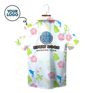 White Hawaiian shirt with dolphins hibiscus palms bulldog logo variant 2