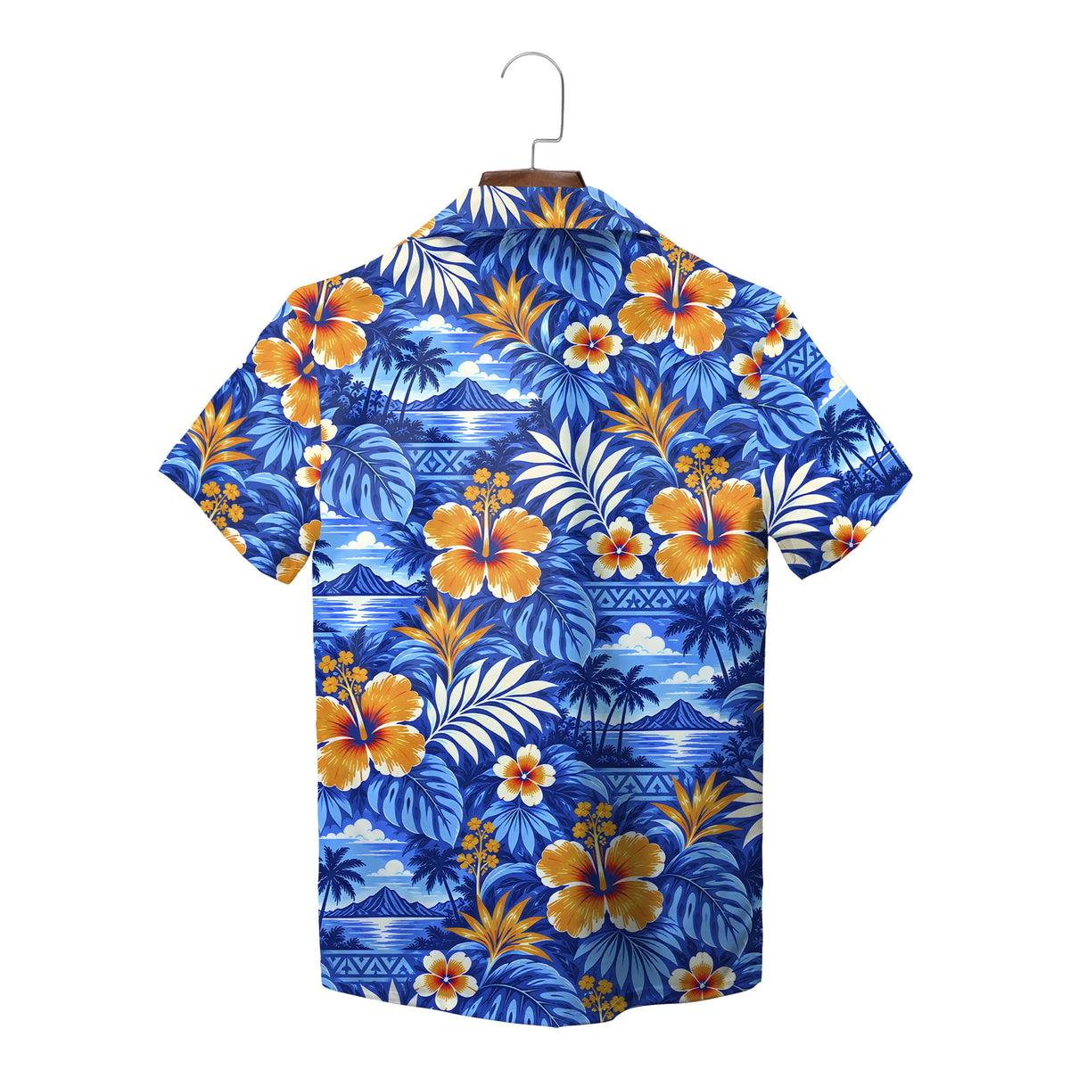Hibiscus and Island Scene Royal Blue Custom Hawaiian Shirt