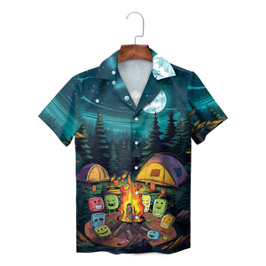 Hawaiian shirt with cartoon marshmallows around campfire at night