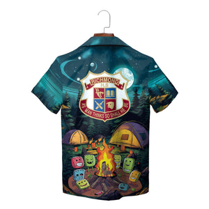 Hawaiian shirt with cartoon marshmallows around campfire at night variant 3