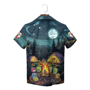 Hawaiian shirt with cartoon marshmallows around campfire at night variant 4