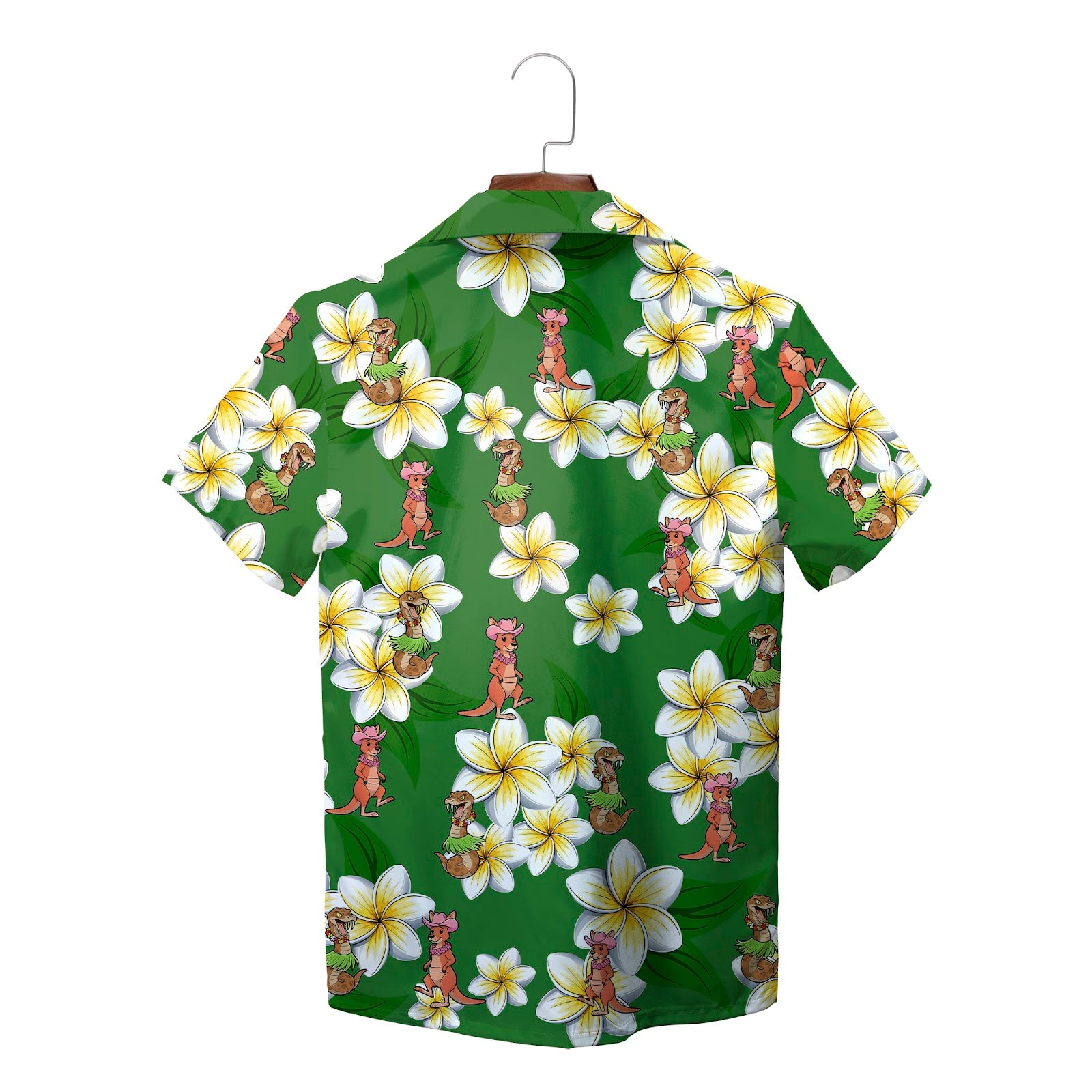Green Hawaiian shirt with cartoon kangaroos dinosaurs plumeria variant 2