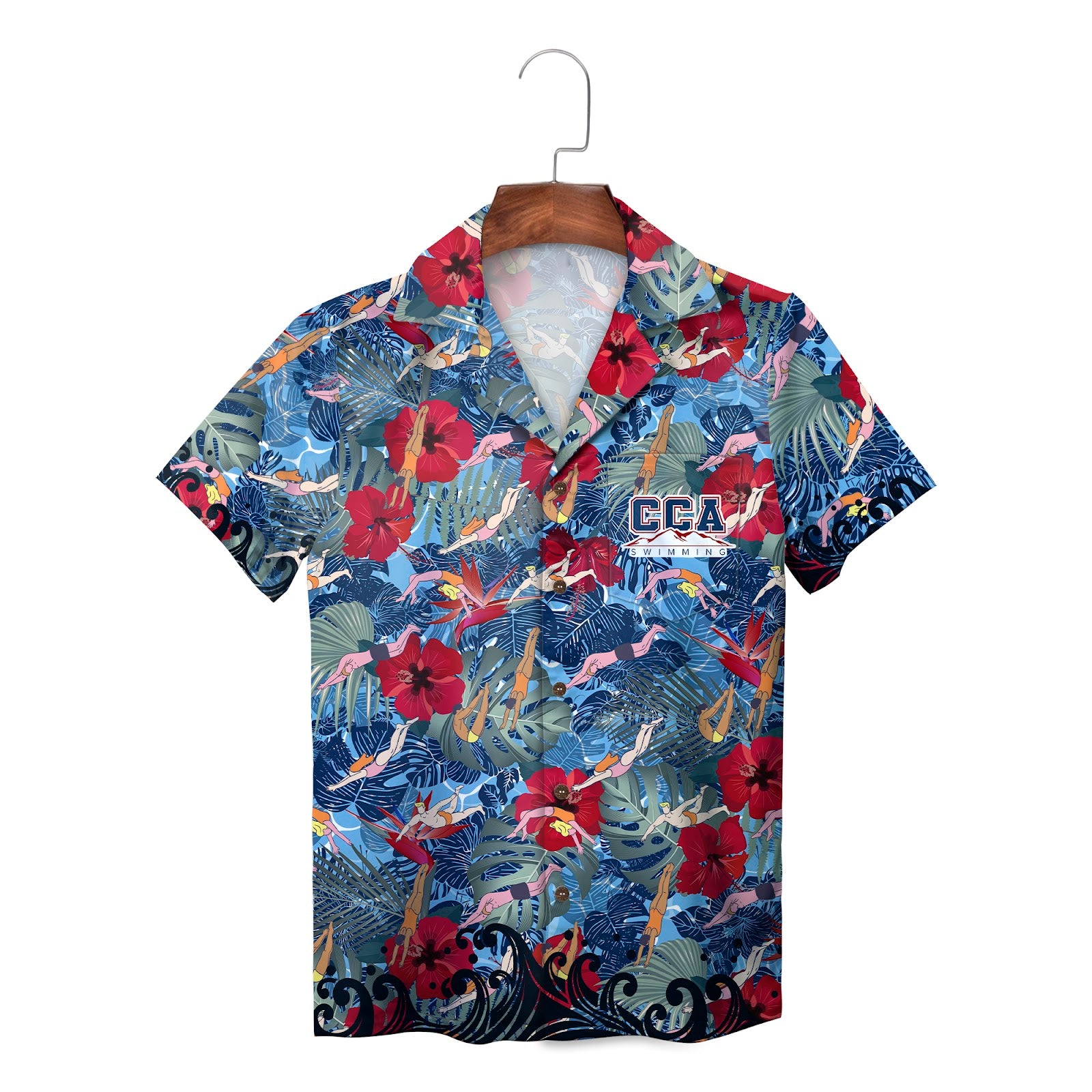 Blue tropical Hawaiian shirt with swimmers and red flowers