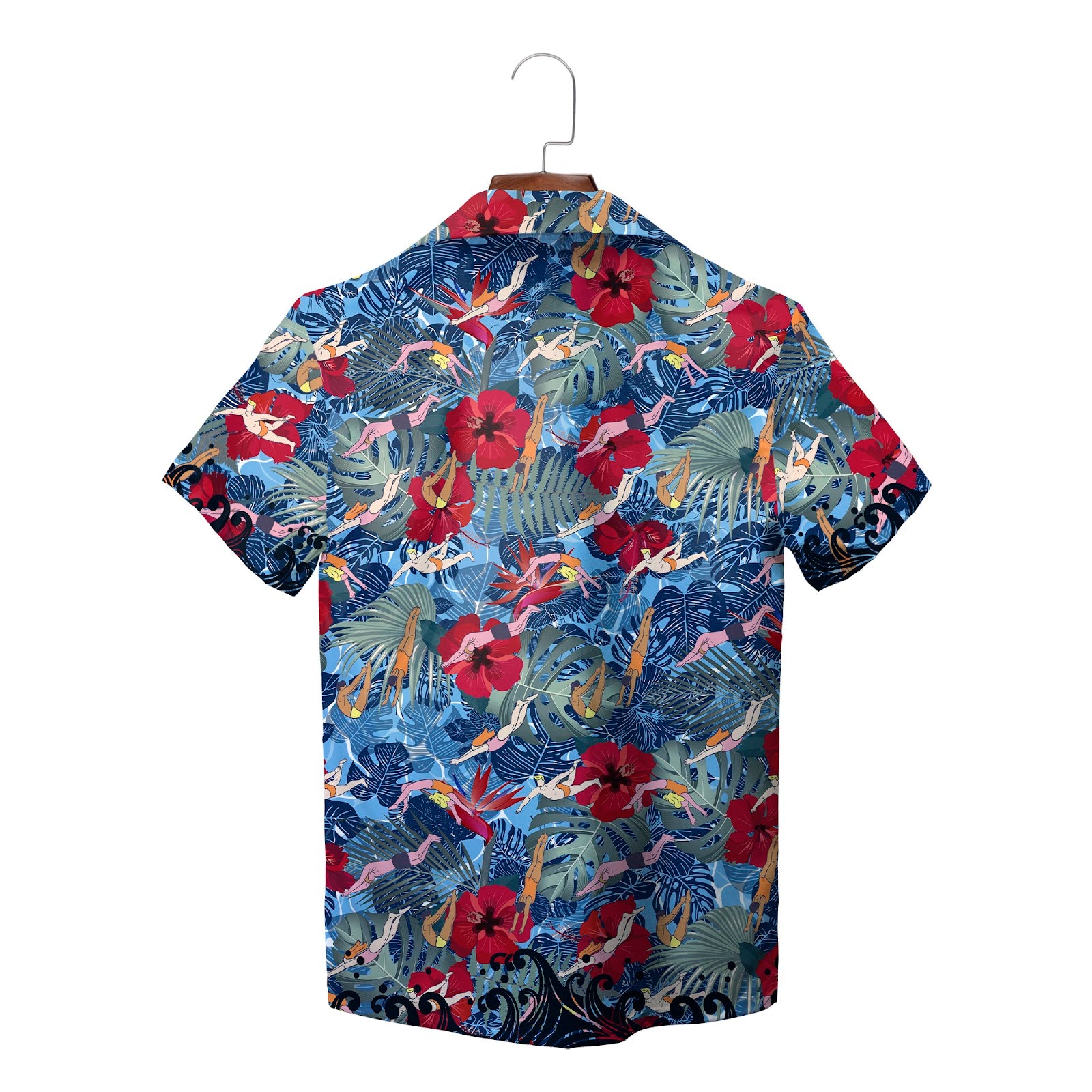 Blue tropical Hawaiian shirt with swimmers and red flowers variant 2