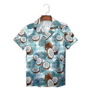 Aloha shirt showing split coconuts on teal palm fronds