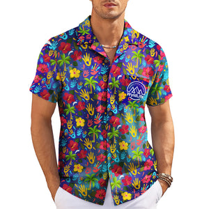 Indigo Hawaiian shirt scattered red yellow blue handprints variant 10