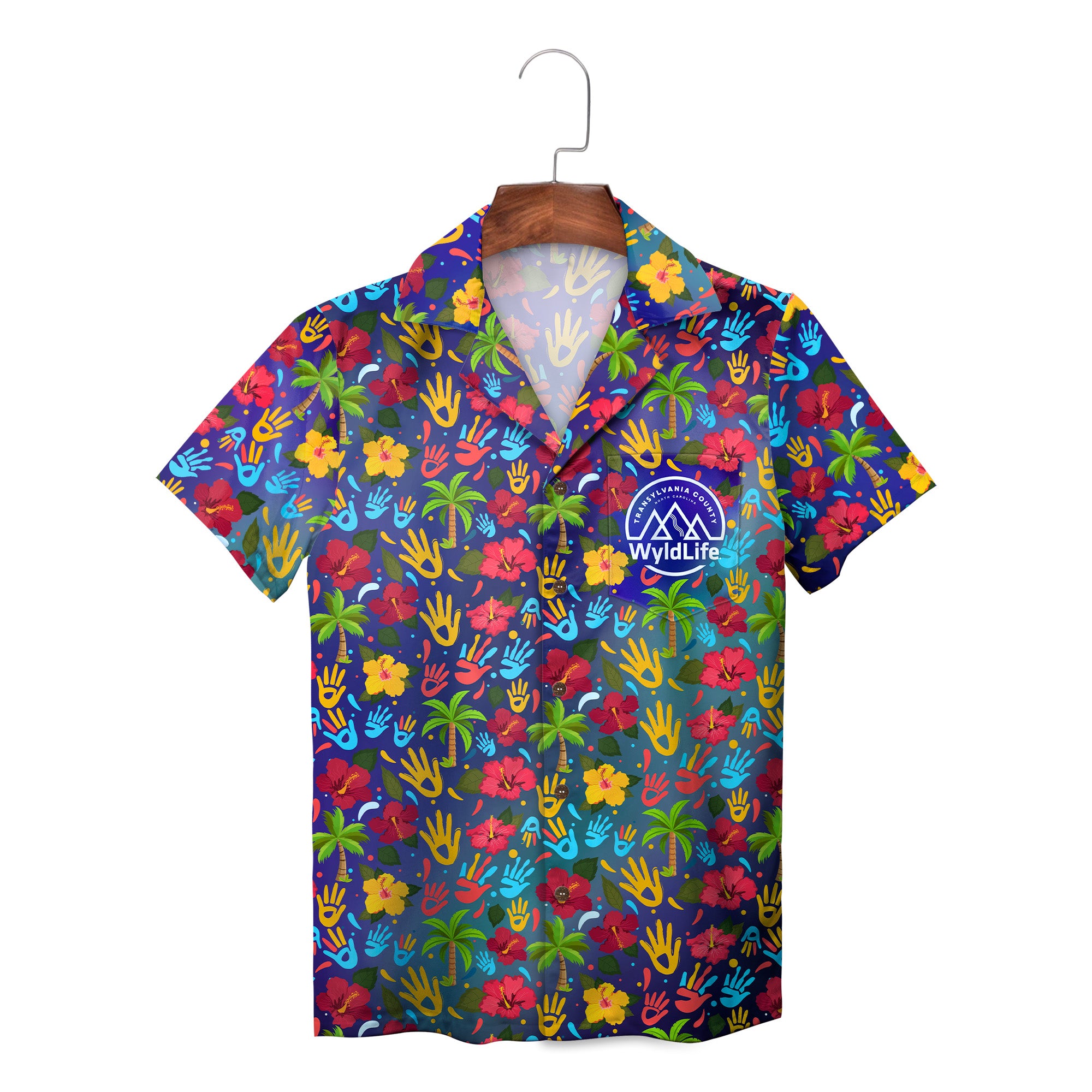 Indigo Hawaiian shirt scattered red yellow blue handprints variant 2