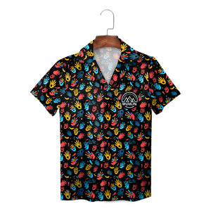 Indigo Hawaiian shirt scattered red yellow blue handprints variant 3