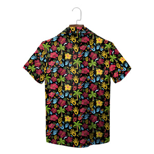 Indigo Hawaiian shirt scattered red yellow blue handprints variant 8