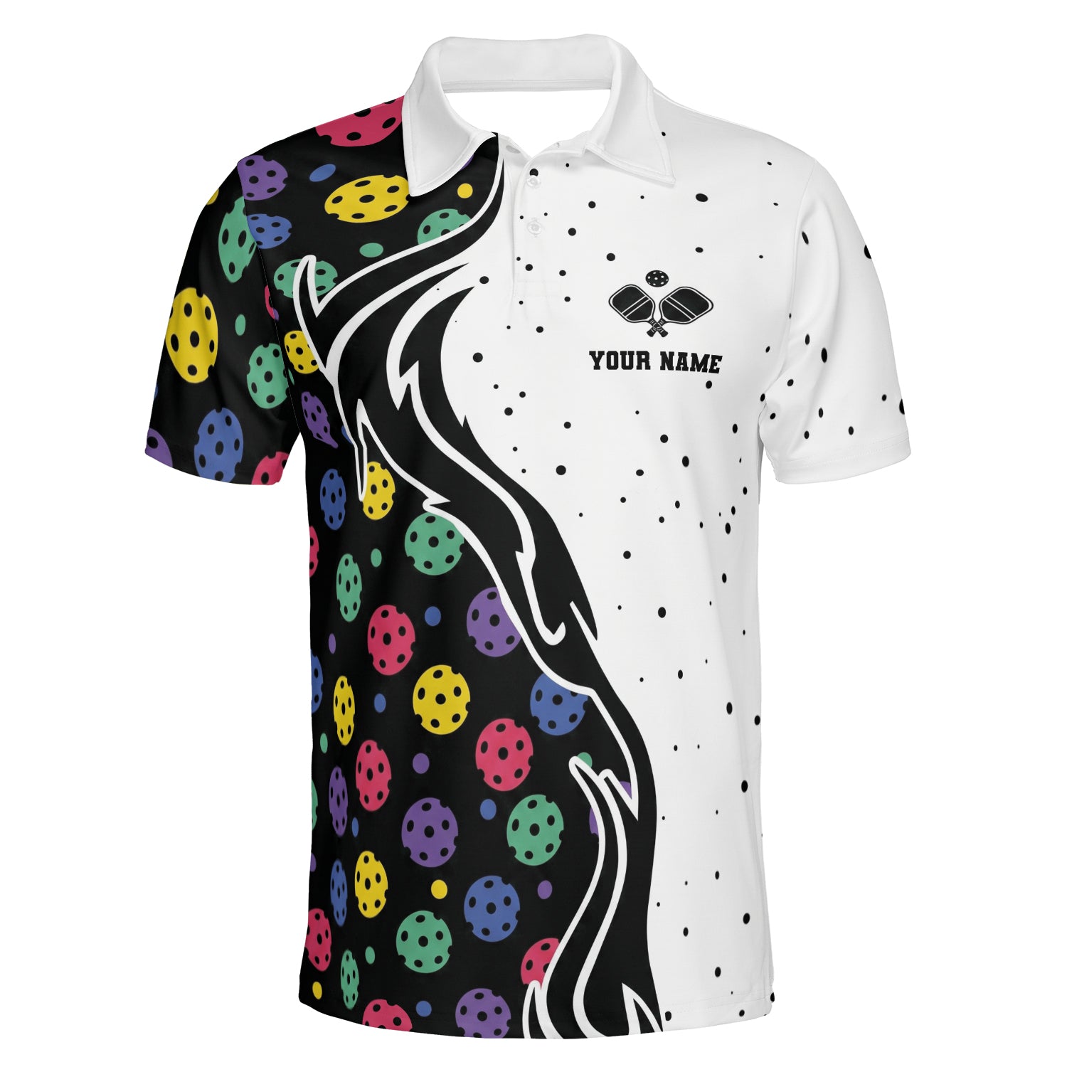Black white split polo with colorful pickleballs custom name