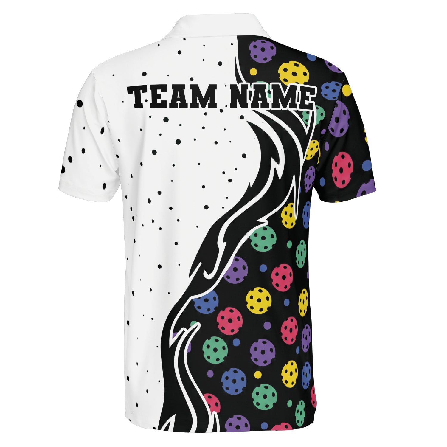 Black white split polo with colorful pickleballs custom name variant 2