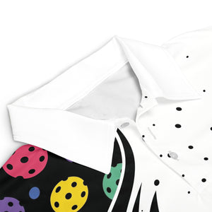 Black white split polo with colorful pickleballs custom name variant 3
