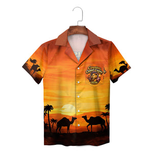 Orange sunset desert camel silhouette Hawaiian shirt on hanger