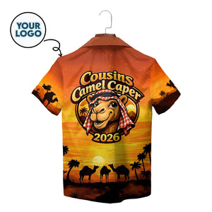 Orange sunset desert camel silhouette Hawaiian shirt on hanger variant 2