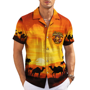 Orange sunset desert camel silhouette Hawaiian shirt on hanger variant 3