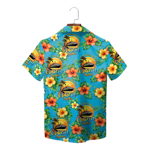 Blue camp shirt printed with liners, palms, blossoms variant 2
