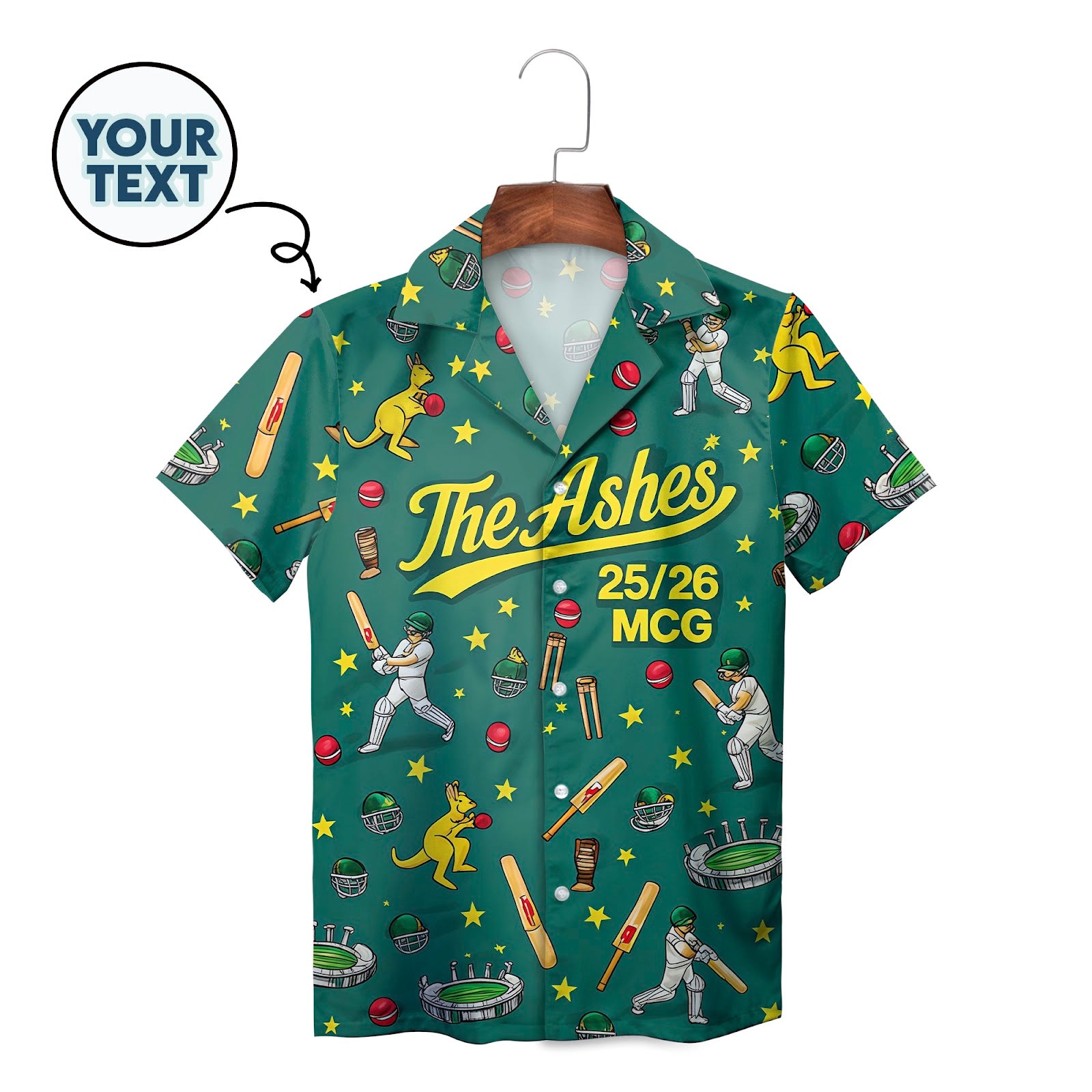 Green Ashes cricket Hawaiian shirt kangaroo batsman stars