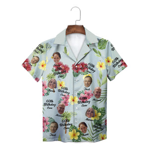 Light blue Hawaiian shirt with custom faces hibiscus flowers