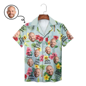 Custom photo birthday Hawaiian shirt with hibiscus palms