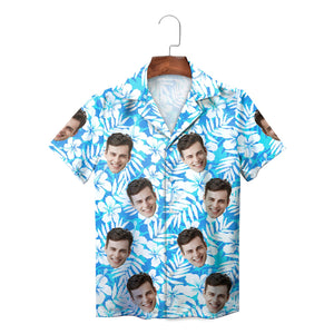 Blue hibiscus palm leaf Hawaiian shirt with custom face print