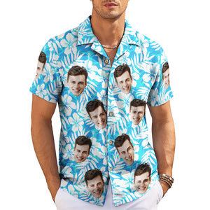 Blue hibiscus palm leaf Hawaiian shirt with custom face print variant 3