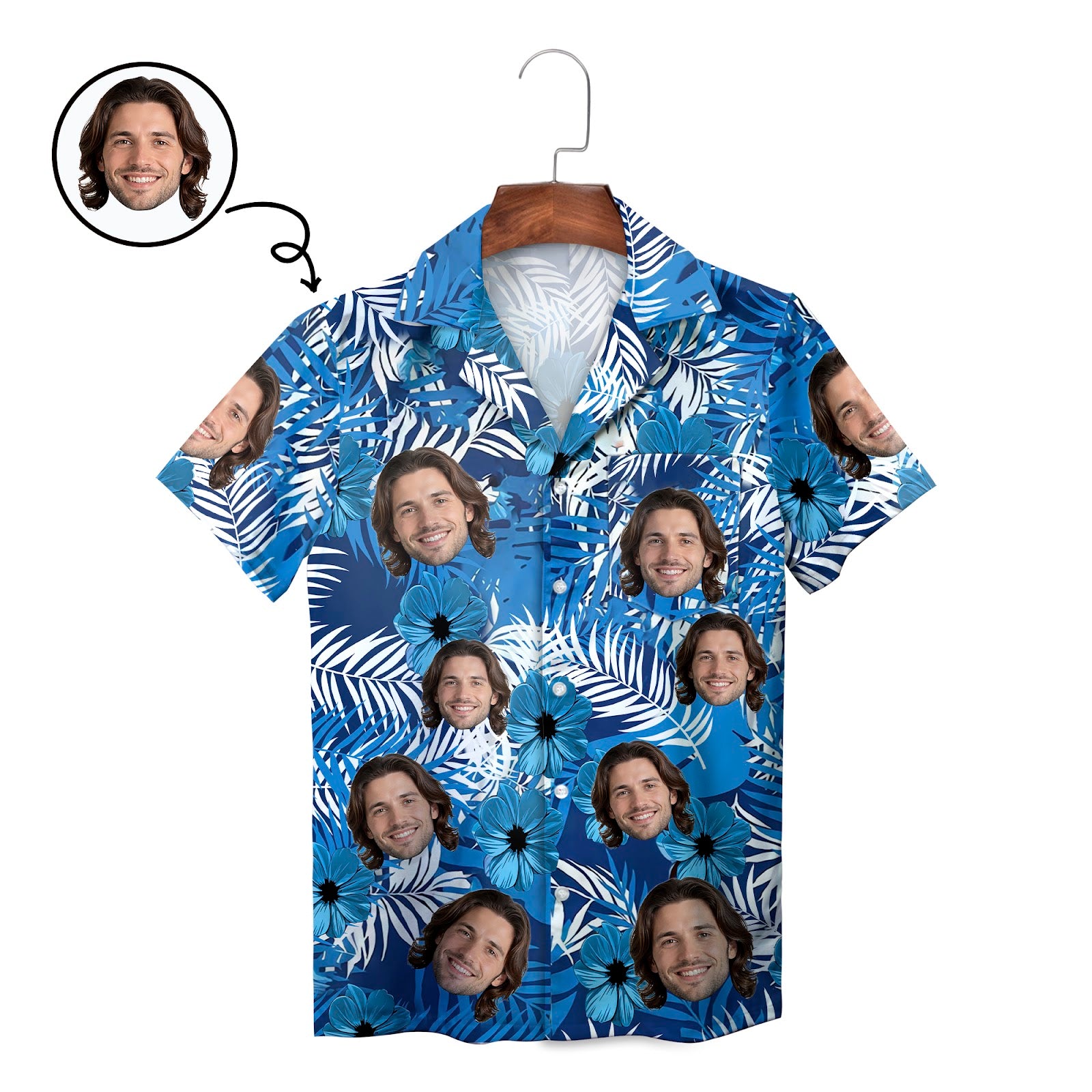 Blue tropical hibiscus Hawaiian shirt with custom face print