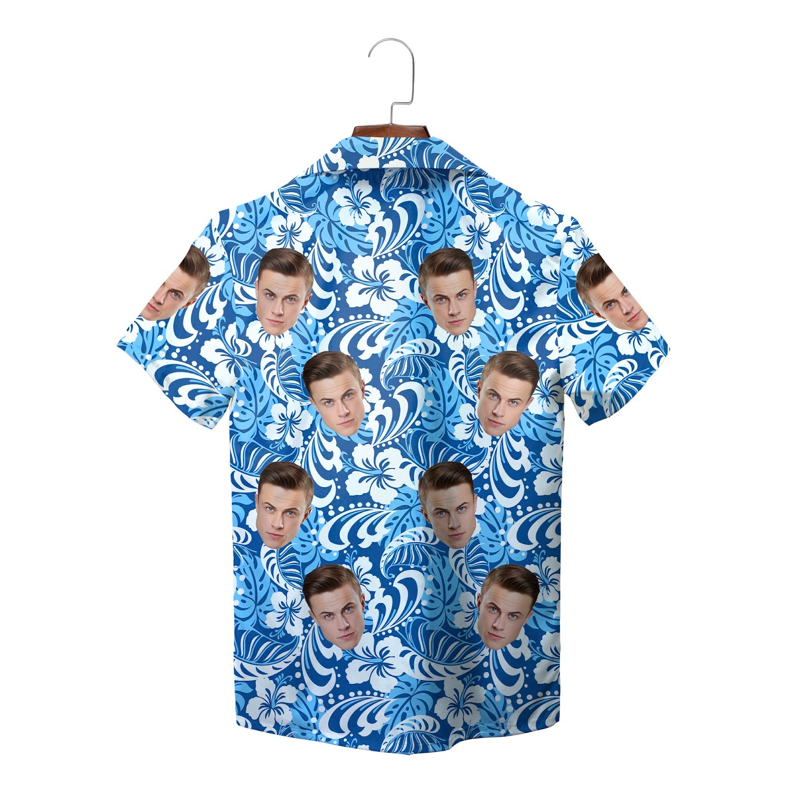 Blue white hibiscus Hawaiian shirt with repeating face cutouts variant 2