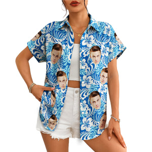 Blue white hibiscus Hawaiian shirt with repeating face cutouts variant 4