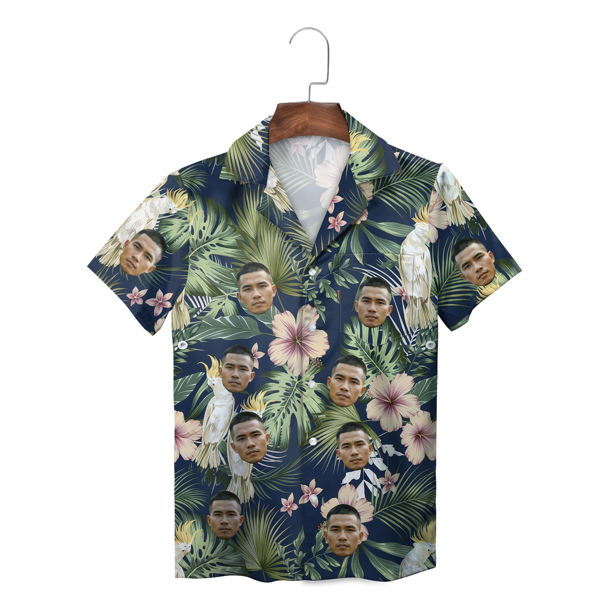 Navy Hawaiian shirt with custom face cockatoos hibiscus print