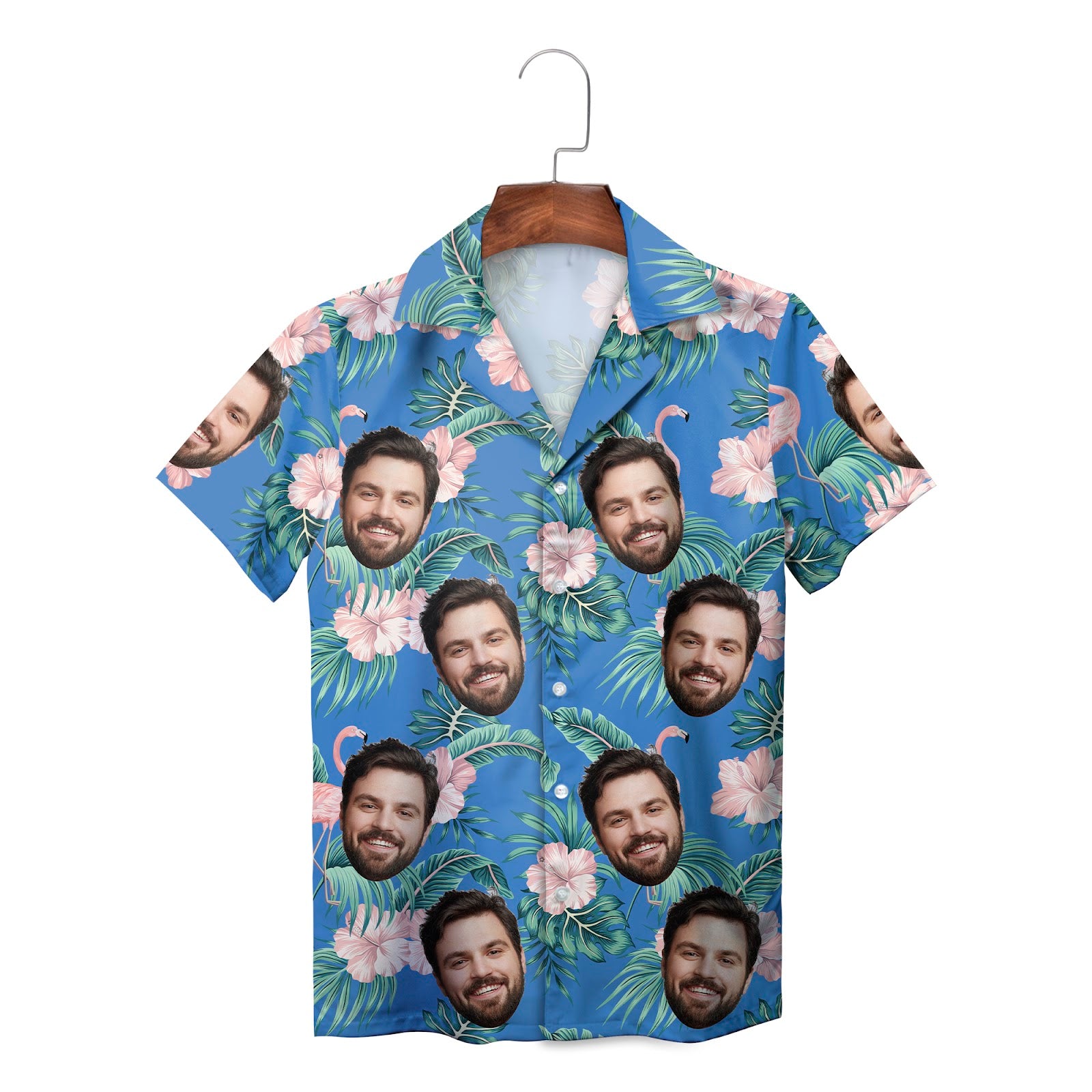 Blue Hawaiian shirt with repeated custom face flamingo print