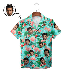 Mint green Hawaiian shirt with custom face flamingos hibiscus