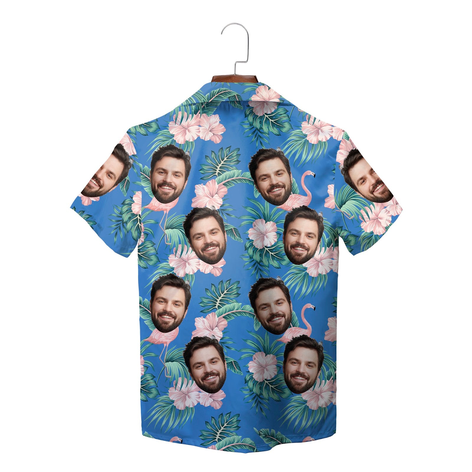 Blue Hawaiian shirt with repeated custom face flamingo print variant 2