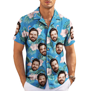Blue Hawaiian shirt with repeated custom face flamingo print variant 3