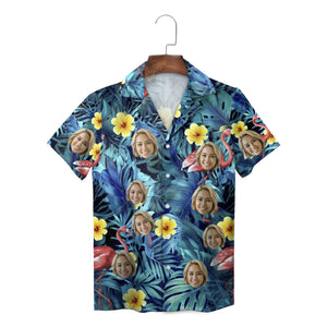 Blue tropical face print Hawaiian shirt with flamingos